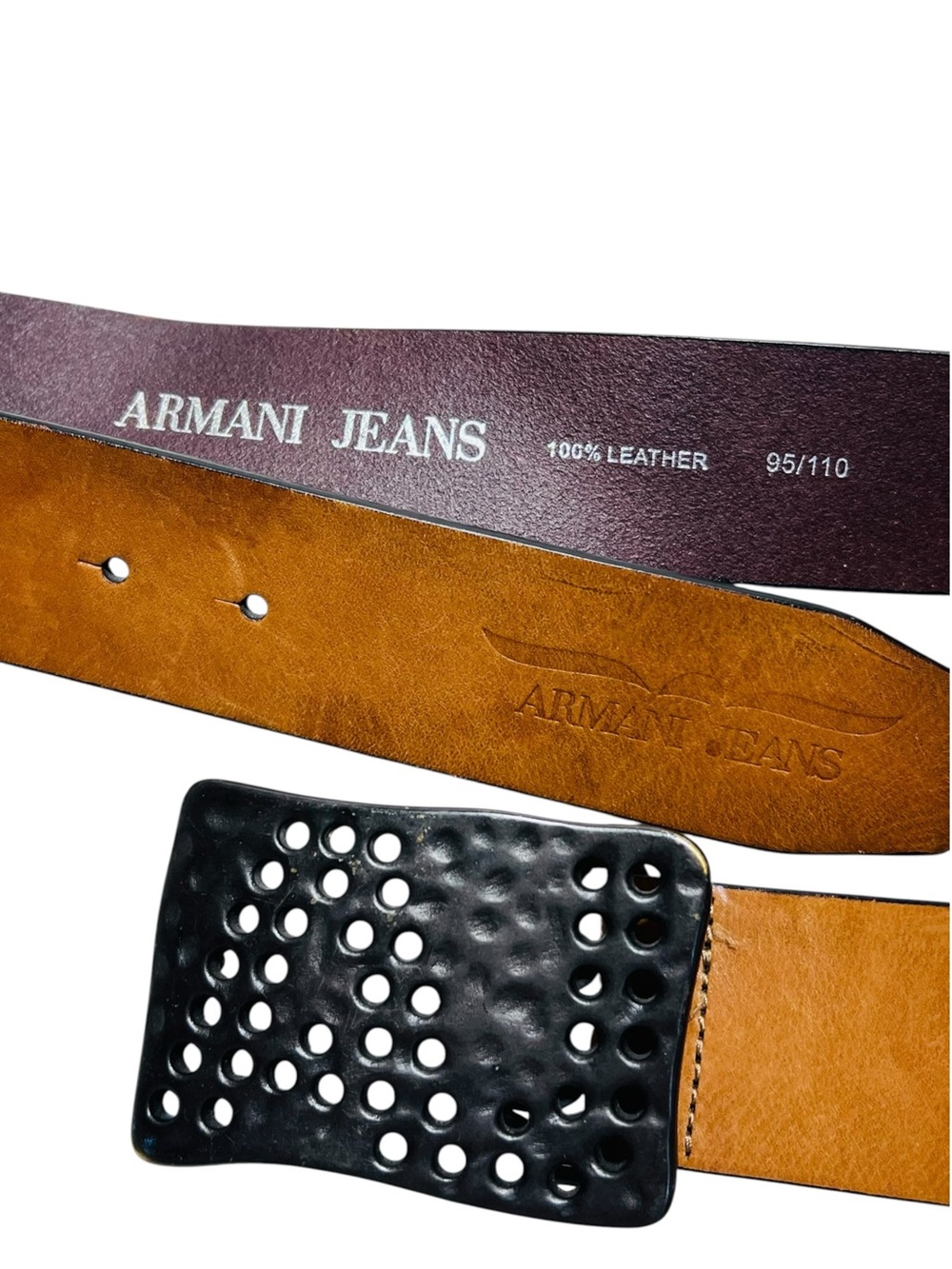Armani Jeans Tan Leather Belt with Black Perforated Buckle